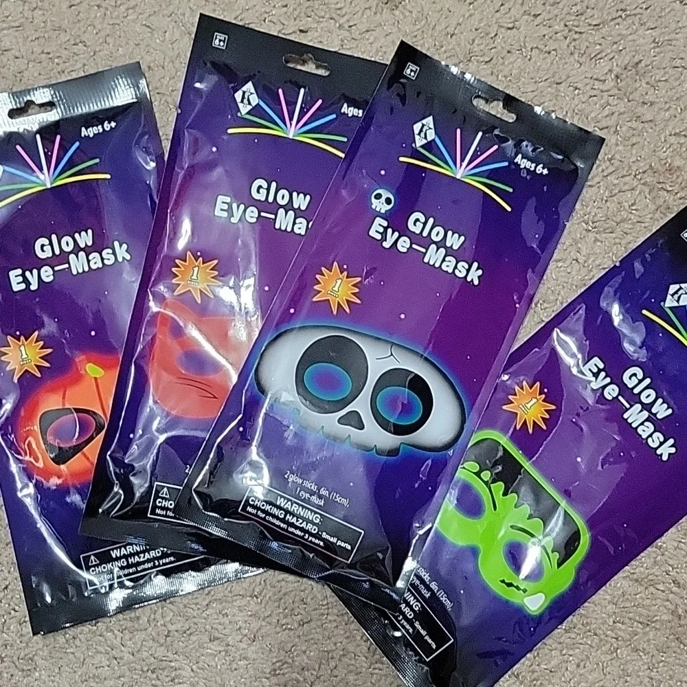 4-Pk Halloween Glow in the Dark Eye Masks - Skeleton, Cat, Pumpkin, Frankenstein